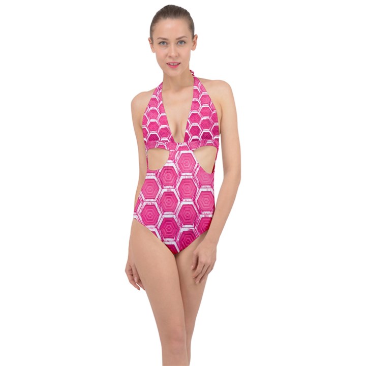 Hexagon Windows Halter Front Plunge Swimsuit