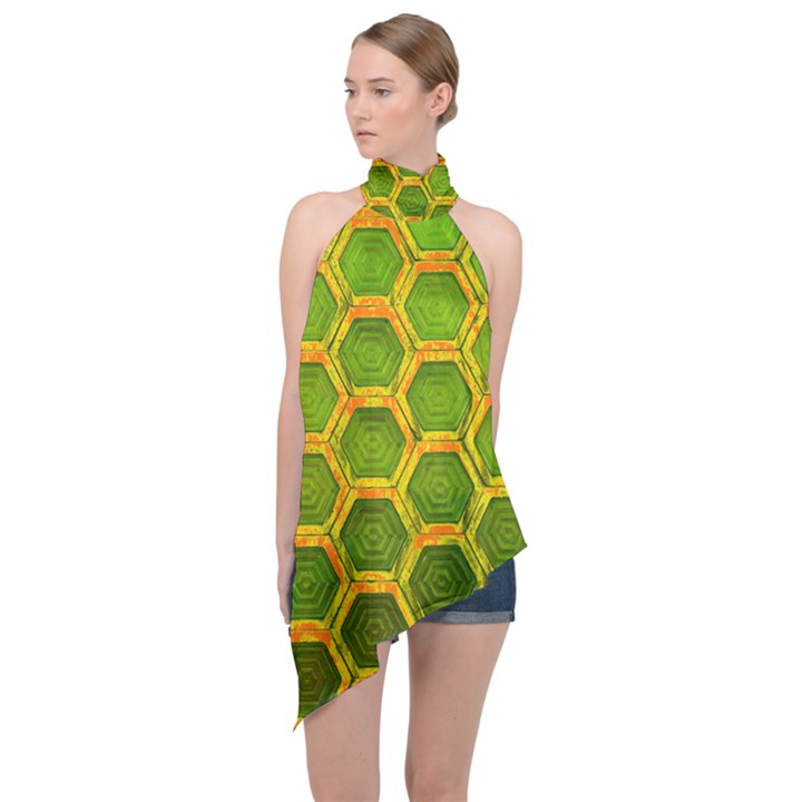 Hexagon Windows Halter Asymmetric Satin Top