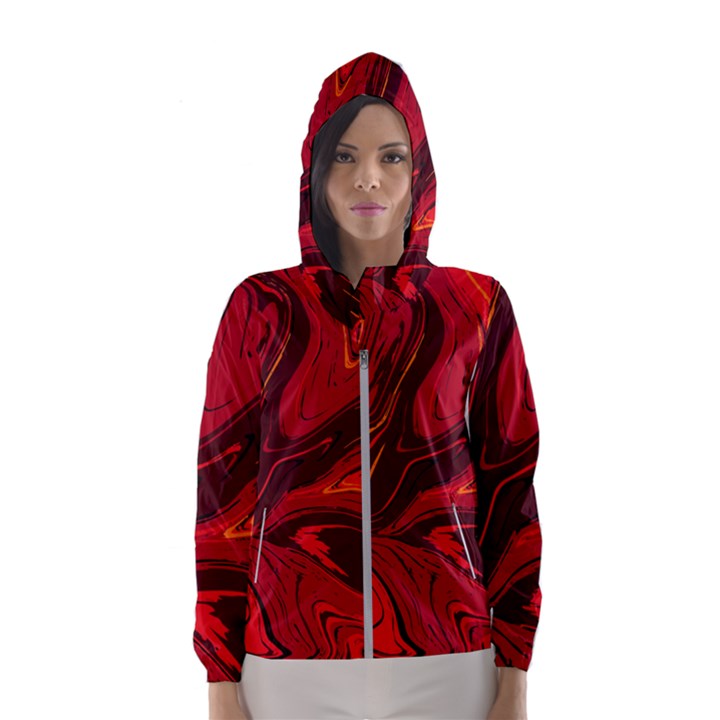 Red Vivid Marble Pattern Women s Hooded Windbreaker