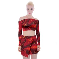 Red Vivid Marble Pattern Off Shoulder Top With Mini Skirt Set by goljakoff