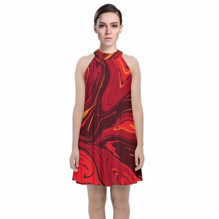 Red Vivid Marble Pattern Velvet Halter Neckline Dress 