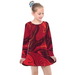 Red Vivid Marble Pattern Kids  Long Sleeve Dress by goljakoff