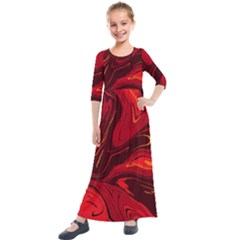 Red Vivid Marble Pattern Kids  Quarter Sleeve Maxi Dress by goljakoff