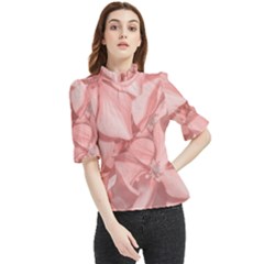 Coral Colored Hortensias Floral Photo Frill Neck Blouse