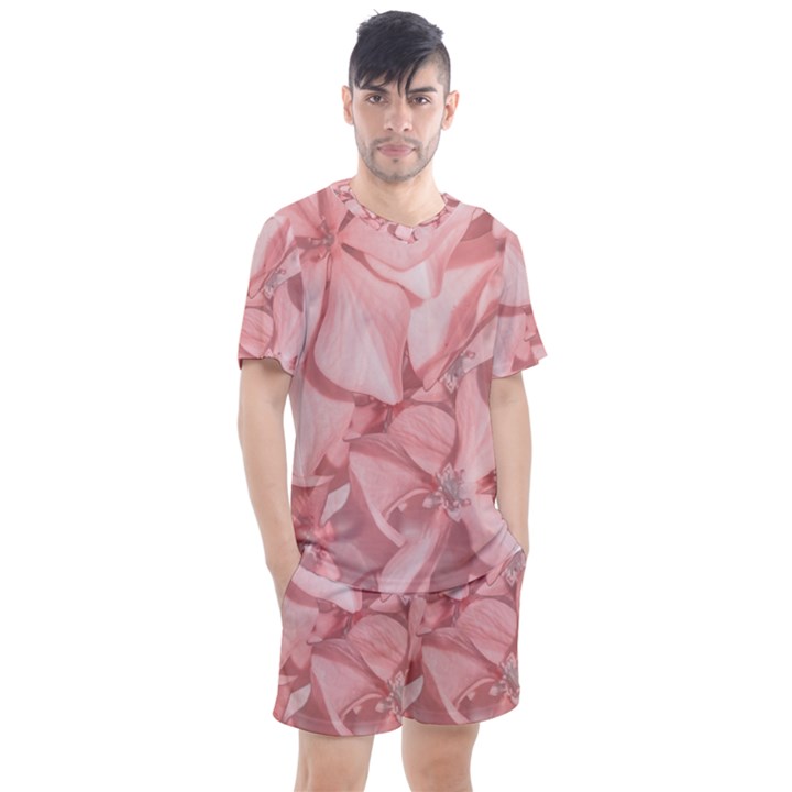 Coral Colored Hortensias Floral Photo Men s Mesh Tee and Shorts Set