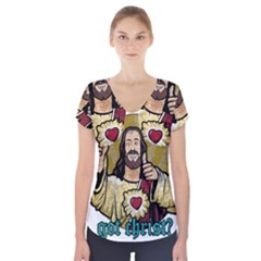 Buddy Christ Short Sleeve Front Detail Top by Valentinaart