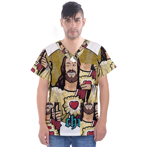 Buddy Christ Men s V-neck Scrub Top by Valentinaart