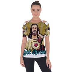 Buddy Christ Shoulder Cut Out Short Sleeve Top by Valentinaart