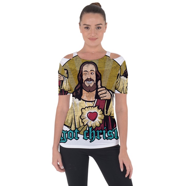 Buddy Christ Shoulder Cut Out Short Sleeve Top