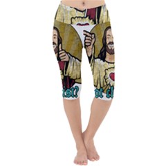 Buddy Christ Lightweight Velour Cropped Yoga Leggings by Valentinaart