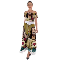 Buddy Christ Off Shoulder Open Front Chiffon Dress by Valentinaart