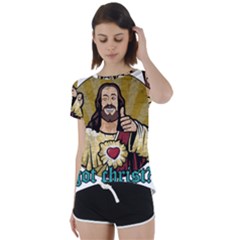 Buddy Christ Short Sleeve Foldover Tee by Valentinaart