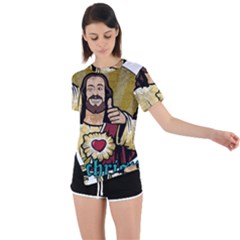 Buddy Christ Asymmetrical Short Sleeve Sports Tee by Valentinaart