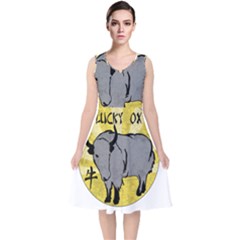 Chinese New Year ¨c Year Of The Ox V-neck Midi Sleeveless Dress  by Valentinaart