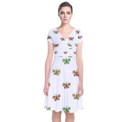 Butterfly Cartoon Drawing Motif  Pattern Short Sleeve Front Wrap Dress