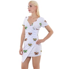 Butterfly Cartoon Drawing Motif  Pattern Short Sleeve Asymmetric Mini Dress