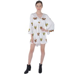 Butterfly Cartoon Drawing Motif  Pattern V-neck Flare Sleeve Mini Dress by dflcprintsclothing