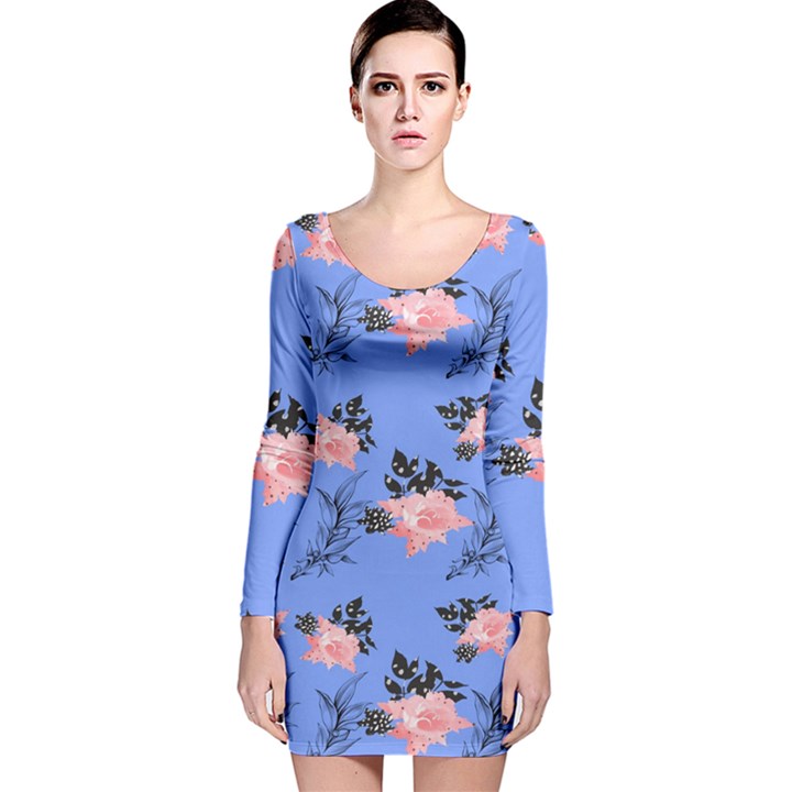 Flowers Pattern Long Sleeve Velvet Bodycon Dress