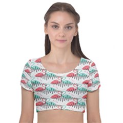 Music Flamingo Velvet Short Sleeve Crop Top  by Sparkle