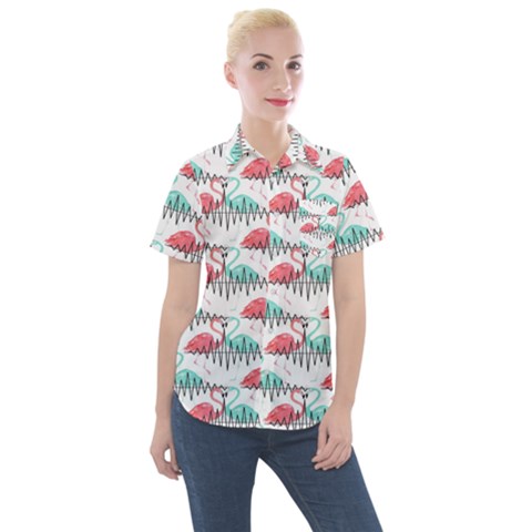 Music Flamingo Women s Short Sleeve Pocket Shirt by Sparkle