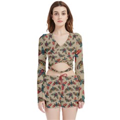 Dragonfly Pattern Velvet Wrap Crop Top And Shorts Set