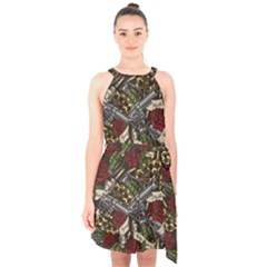 Hustle Hard Dragonfly Pattern Halter Collar Waist Tie Chiffon Dress by designsbymallika