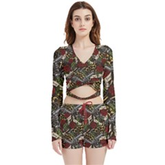 Hustle Hard Dragonfly Pattern Velvet Wrap Crop Top And Shorts Set