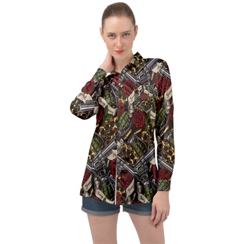 Hustle Hard Dragonfly Pattern Long Sleeve Satin Shirt by designsbymallika