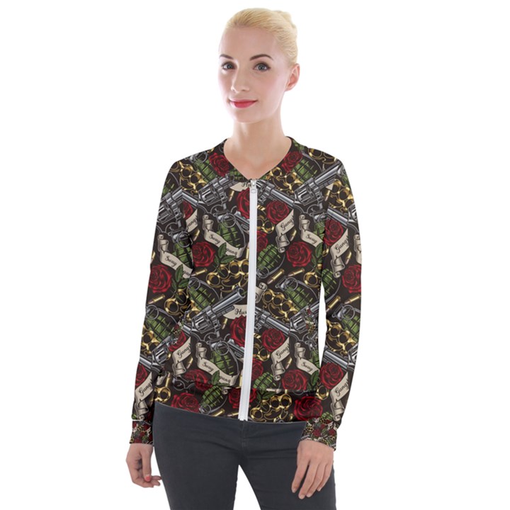 Hustle Hard Dragonfly Pattern Velvet Zip Up Jacket