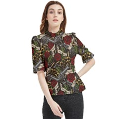 Hustle Hard Dragonfly Pattern Frill Neck Blouse