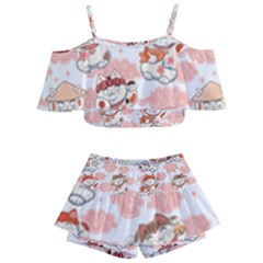 Menaki Cat Pattern Kids  Off Shoulder Skirt Bikini by designsbymallika