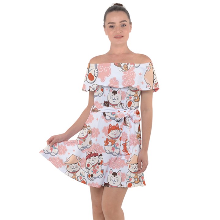 Menaki Cat Pattern Off Shoulder Velour Dress