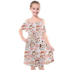 Menaki Cat Pattern Kids  Cut Out Shoulders Chiffon Dress by designsbymallika