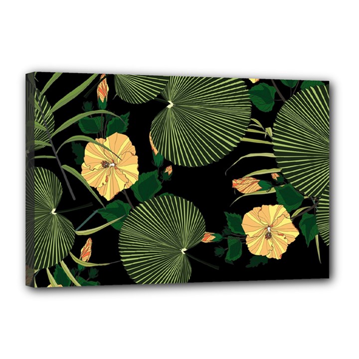 Tropical vintage yellow hibiscus floral green leaves seamless pattern black background. Canvas 18  x 12  (Stretched)