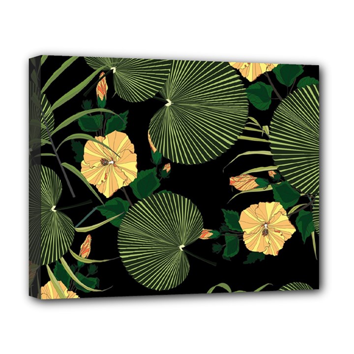 Tropical vintage yellow hibiscus floral green leaves seamless pattern black background. Deluxe Canvas 20  x 16  (Stretched)