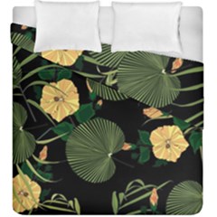 Tropical Vintage Yellow Hibiscus Floral Green Leaves Seamless Pattern Black Background  Duvet Cover Double Side (king Size) by Sobalvarro