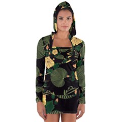 Tropical Vintage Yellow Hibiscus Floral Green Leaves Seamless Pattern Black Background  Long Sleeve Hooded T-shirt by Sobalvarro