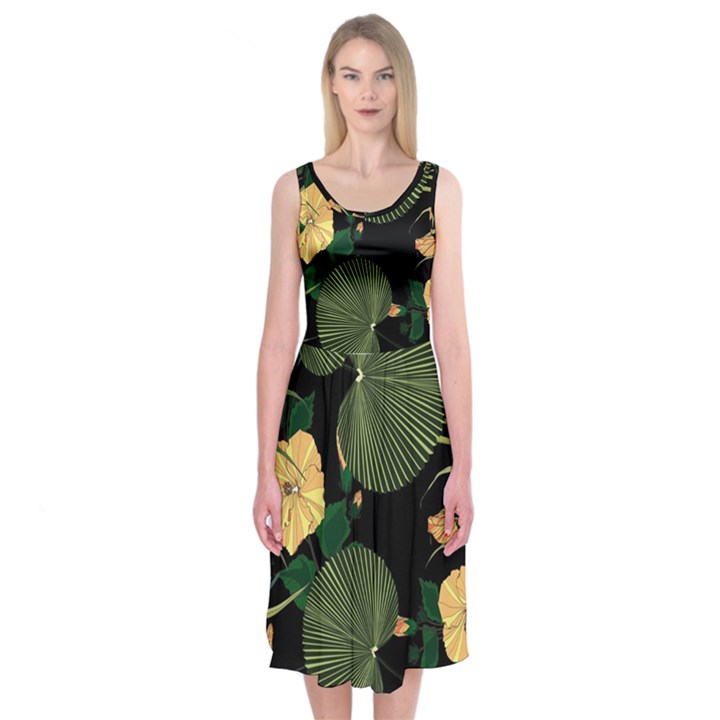 Tropical vintage yellow hibiscus floral green leaves seamless pattern black background. Midi Sleeveless Dress