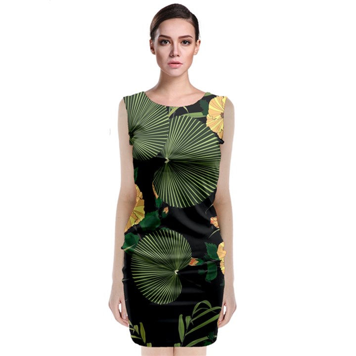 Tropical vintage yellow hibiscus floral green leaves seamless pattern black background. Sleeveless Velvet Midi Dress