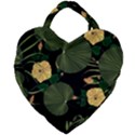 Tropical vintage yellow hibiscus floral green leaves seamless pattern black background. Giant Heart Shaped Tote View1