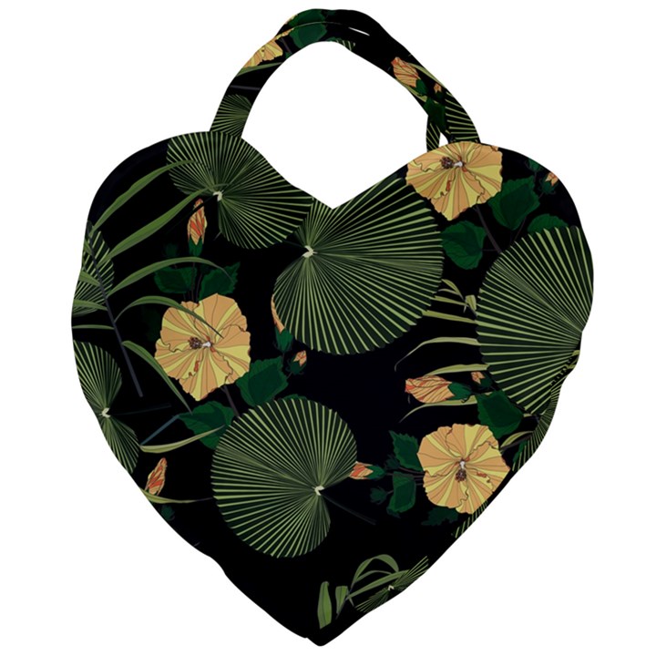 Tropical vintage yellow hibiscus floral green leaves seamless pattern black background. Giant Heart Shaped Tote