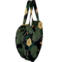 Tropical vintage yellow hibiscus floral green leaves seamless pattern black background. Giant Heart Shaped Tote View4