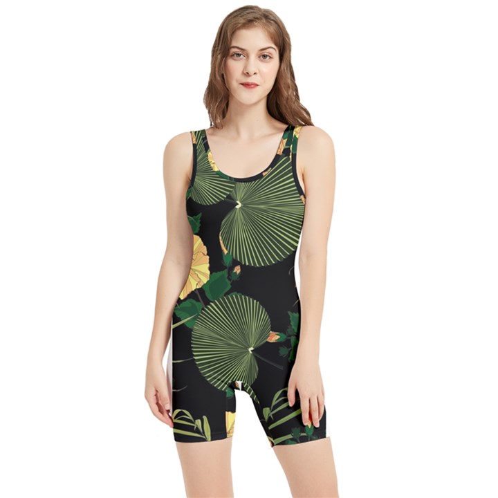 Tropical vintage yellow hibiscus floral green leaves seamless pattern black background. Women s Wrestling Singlet