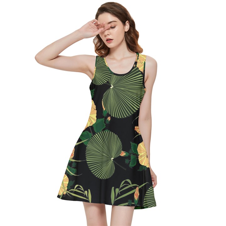 Tropical vintage yellow hibiscus floral green leaves seamless pattern black background. Inside Out Racerback Dress