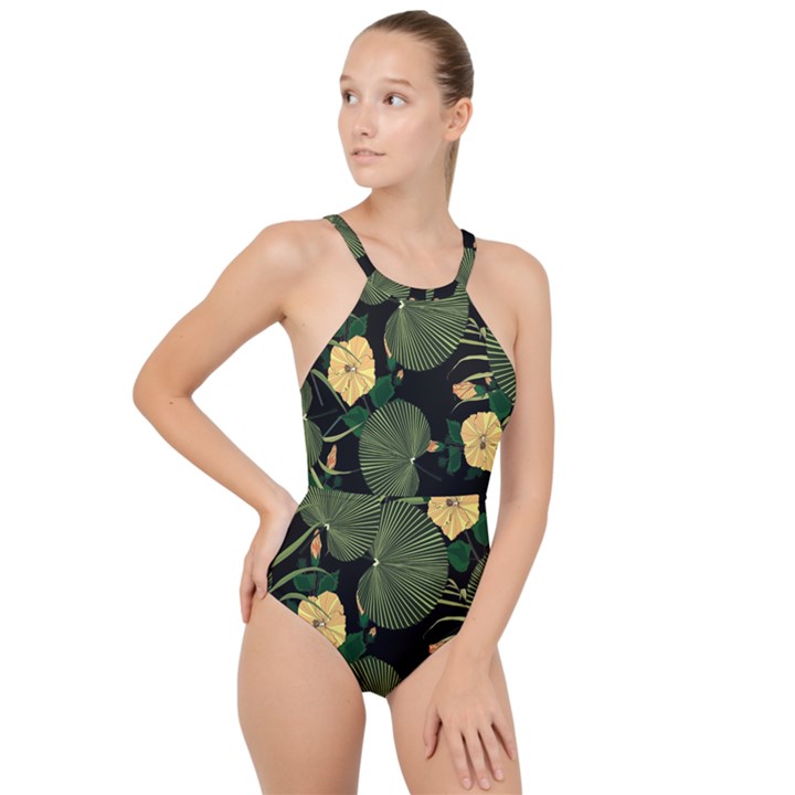 Tropical vintage yellow hibiscus floral green leaves seamless pattern black background. High Neck One Piece Swimsuit