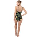 Tropical vintage yellow hibiscus floral green leaves seamless pattern black background. High Neck One Piece Swimsuit View2