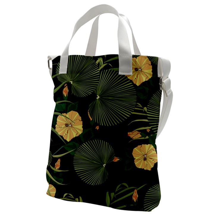 Tropical vintage yellow hibiscus floral green leaves seamless pattern black background. Canvas Messenger Bag