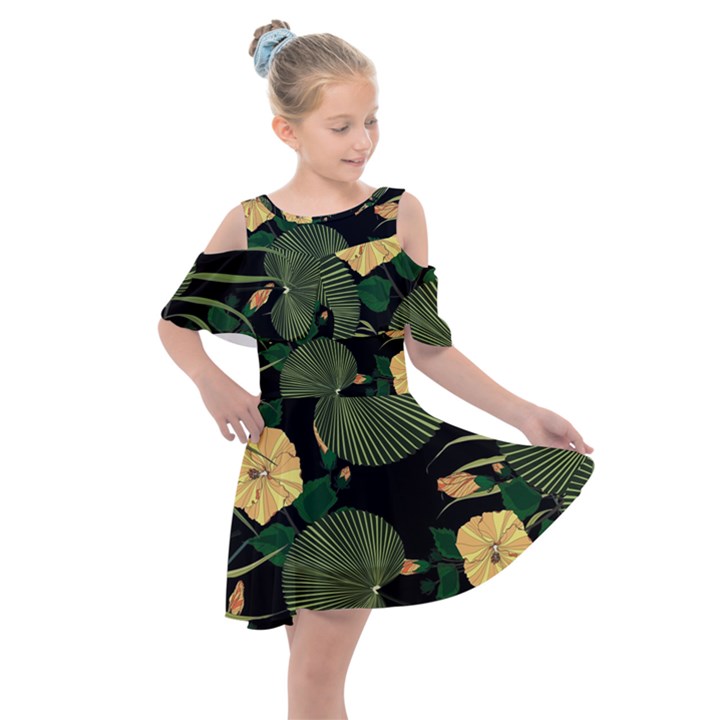 Tropical vintage yellow hibiscus floral green leaves seamless pattern black background. Kids  Shoulder Cutout Chiffon Dress