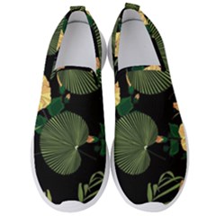 Tropical Vintage Yellow Hibiscus Floral Green Leaves Seamless Pattern Black Background  Men s Slip On Sneakers by Sobalvarro