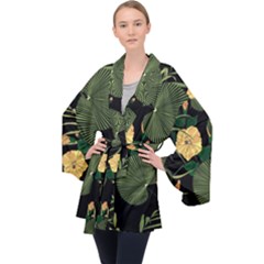 Tropical Vintage Yellow Hibiscus Floral Green Leaves Seamless Pattern Black Background  Long Sleeve Velvet Kimono  by Sobalvarro